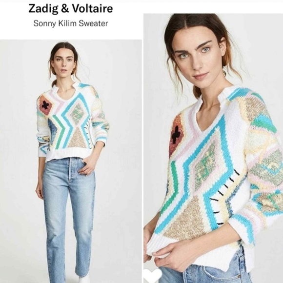 NWT ZADIG & VOLTAIRE sonny kilim carpet intarsia pullover sweater size medium - Picture 2 of 8